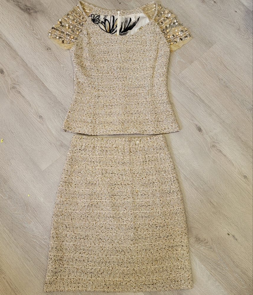St. John Couture Womens Tan Tweed Skirt & Beaded Sequin Sleeve Top Size 2